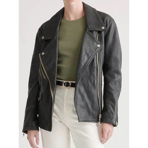 Quince Jackets & Blazers - Quince Womens 100% Leather Black Oversized Biker Jacket NWT Size Medium